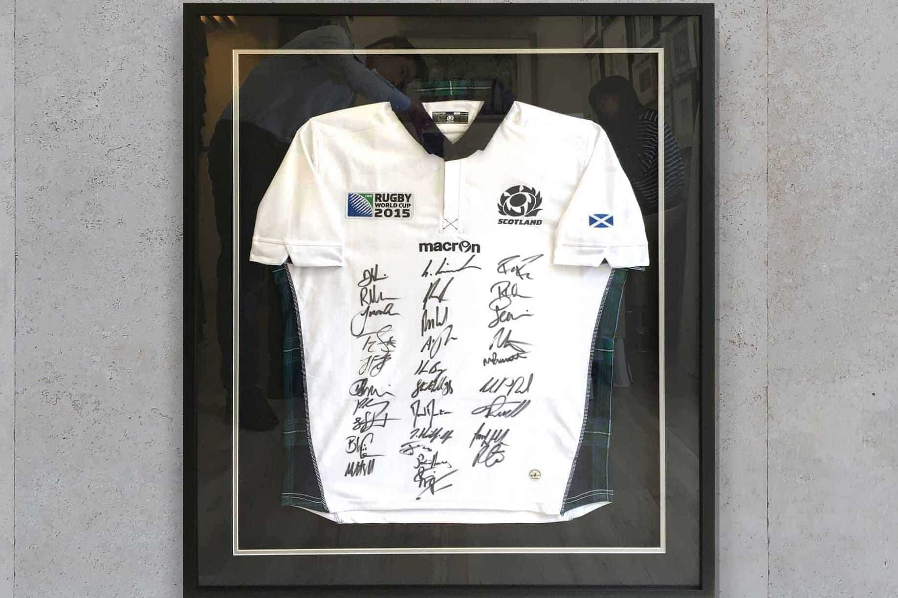 Lee Wah Framing Signed Scotland Rugby Worldcup Jersey framed in black box frame